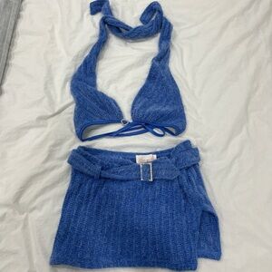 Blue Knit Halter Top and Skirt Set